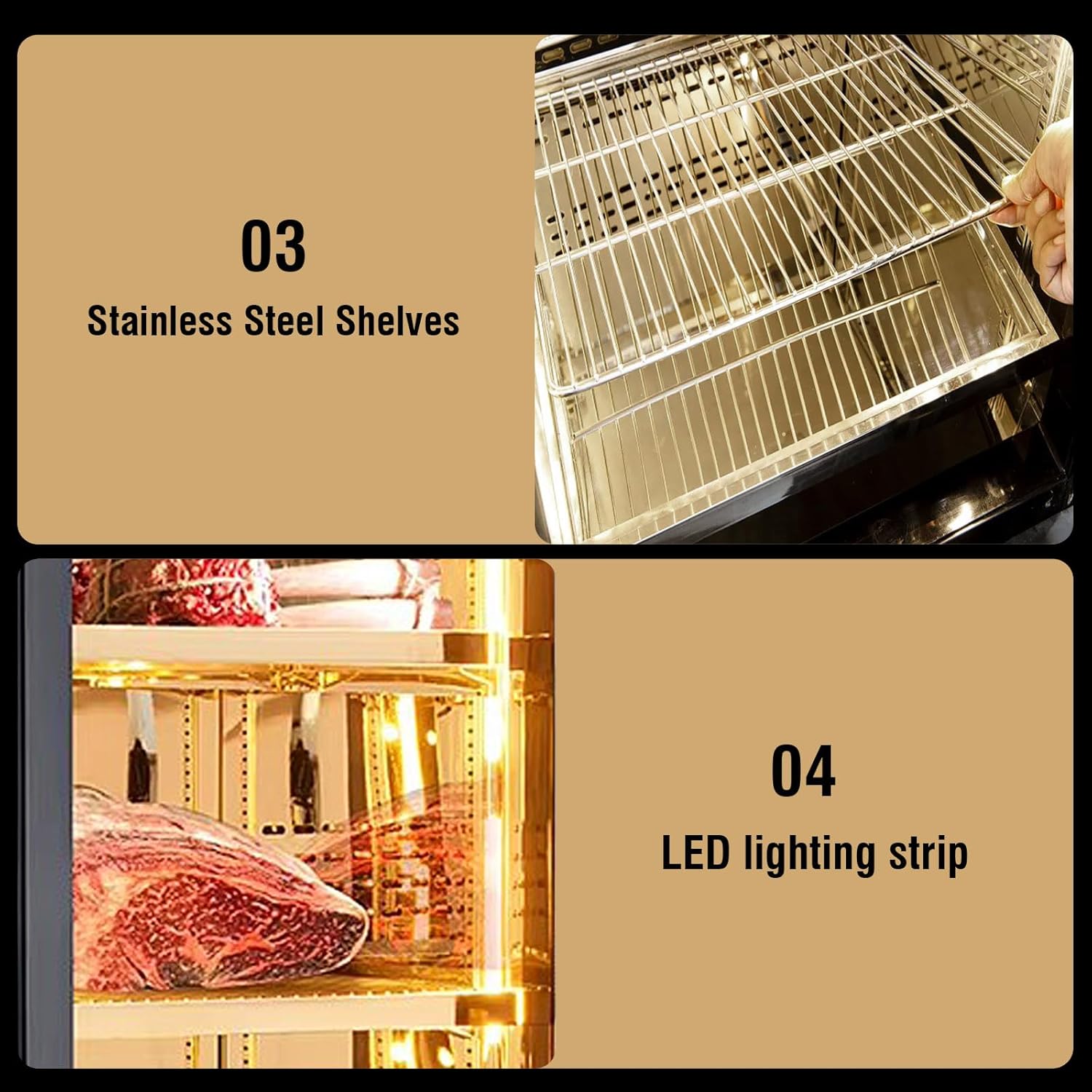 Kolice Commercial Aging Beef Showcase Freezer, Steak Aging Machine, Beef Display Showcase Freezer-268L,4 Tiers,Temperature: -5℃~ to 10℃ (23℉ to 50℉), Smart Temperature and Humidity Controller