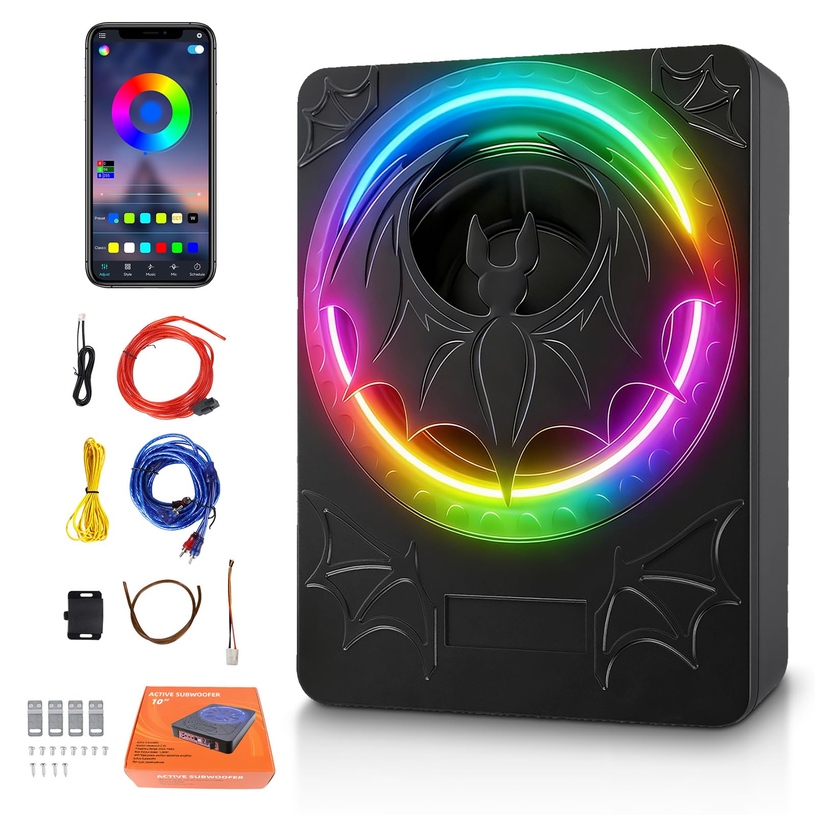 Subwoofer Attivo per Auto da 1200W 10 Pollici, Set Subwoofer e Amplificatore Ultrapiatto ad Alta Potenza da Posizionare Sotto il Sedile con Luce RGB Sincronizzata al Ritmo, Modello di pipistrello