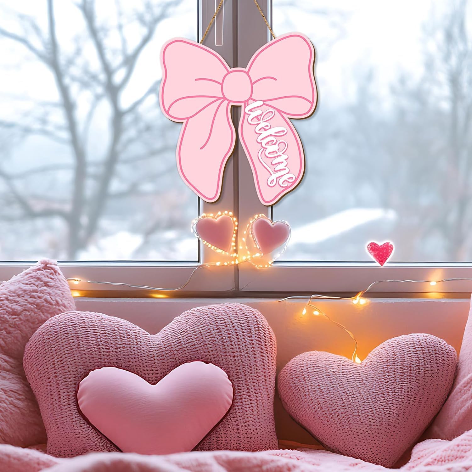 Mandala Soul Pink Bow Wooden Hanging Sign Cute Coquette Bow Welcome Wood Sign Bowknot Door Decor Sign for Indoor Outdoor Porch Wall 3