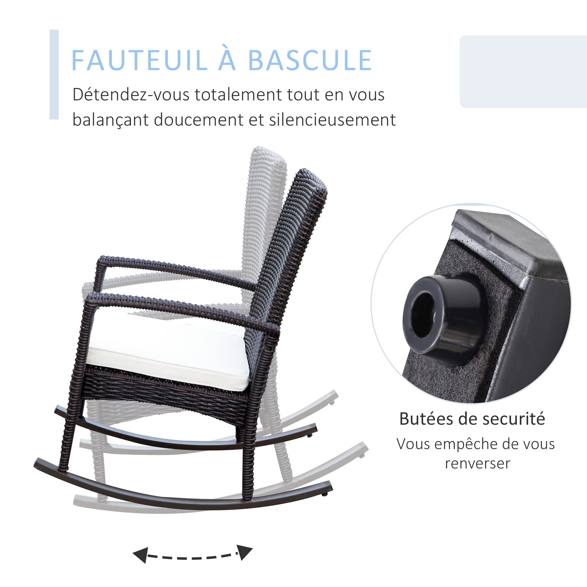 Outsunny Fauteuil à Bascule Rocking Chair avec Coussin d'assise déhoussable 66L x 88l x 98H cm résine tressée Imitation rotin Chocolat