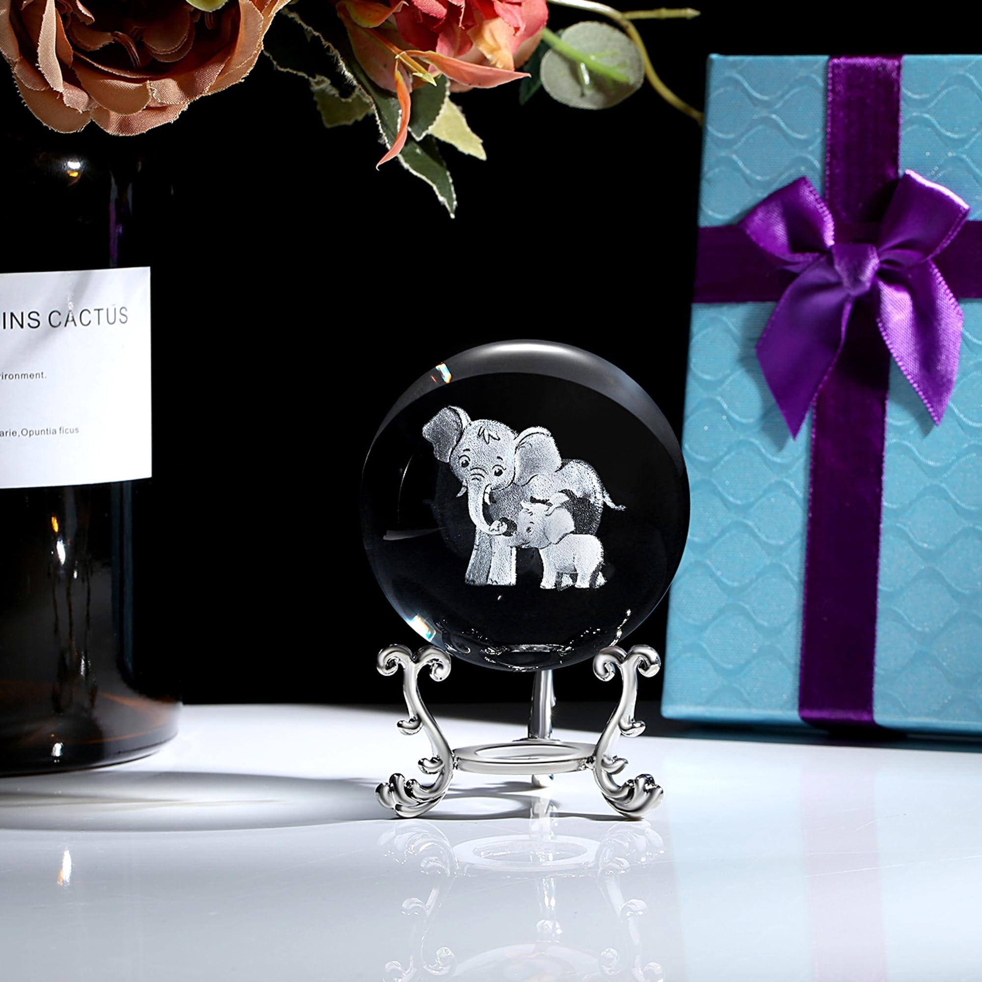 MAIBAOTA Elephant Gifts for Women Mothers Day Birthday Gifts for Mom 3D Crystal Elephant Decor Figurines 60mm Glass Laser Ball Paperweight with Stand Glass Sphere
