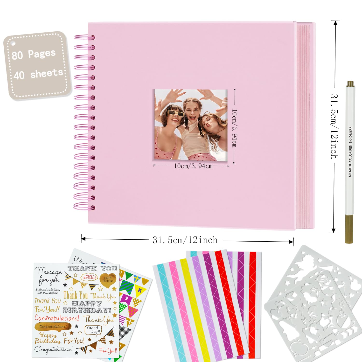 Miaikoe 31.5x31.5 cm DIY Scrapbook Album with Window Hardcover Kraft Blank Paper Scrap Book with 40 Sheets Photo Album for Guest Book Family Wedding Anniversary (Pink) - Image 4