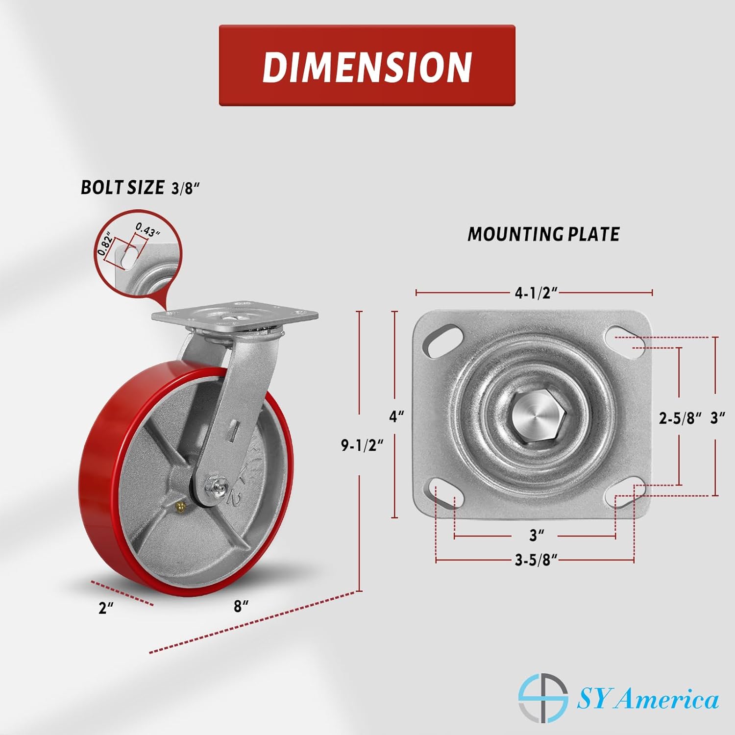 SY America 8" X 2" Caster Wheels - Heavy Duty Industrial Casters, Non-Marking Polyurethane on Silver Cast Iron Core Wheel, 2 Rigid 2 Swivel Top Lock Brake,6000 lbs Capacity Set of 4