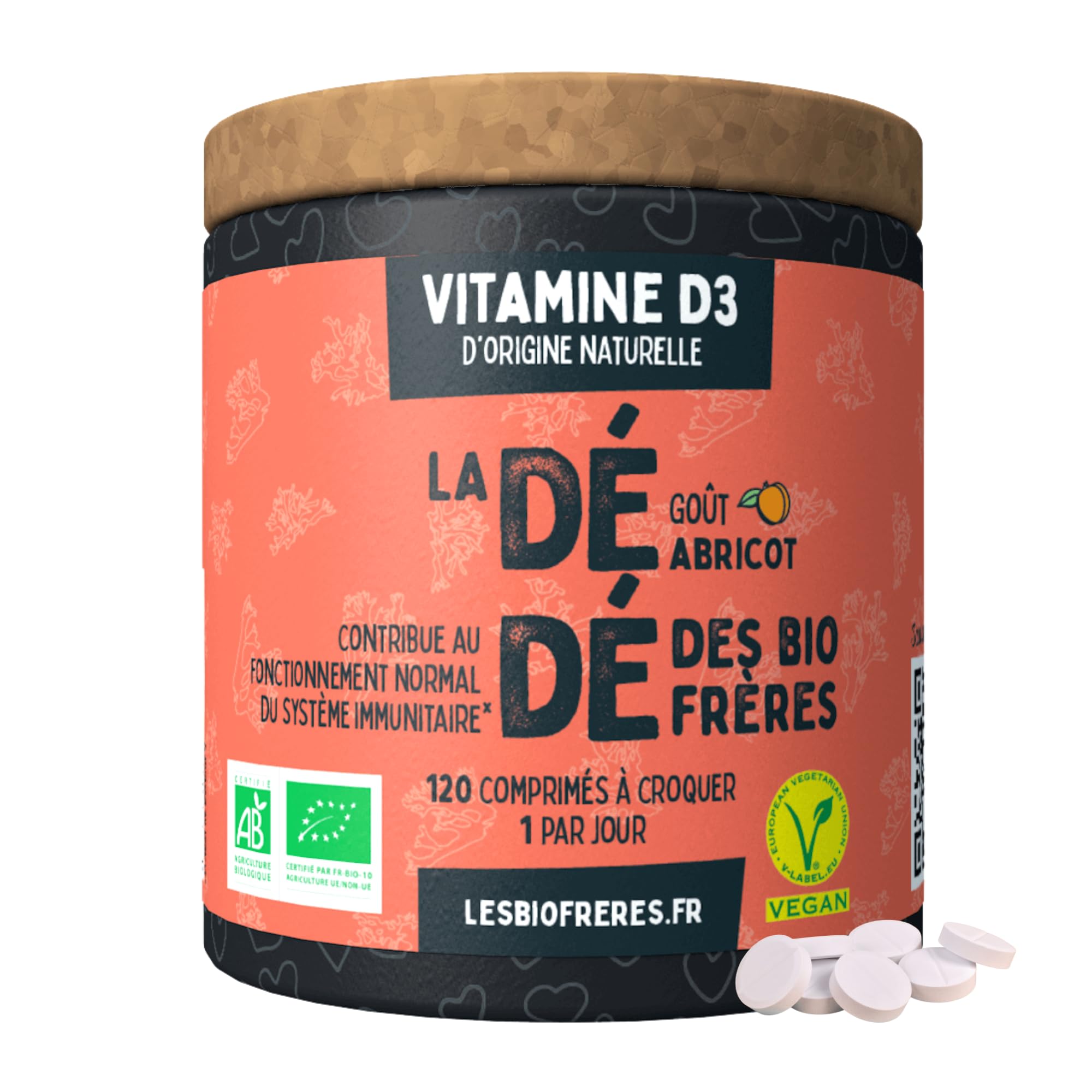 Les Bio Frères - Vitamine D3 à Croquer Végane Naturelle - 400 UI - 200% des AJR - Immunité, Os & Muscles - Cure 4 Mois (120 Comprimés) - Goût Abricot
