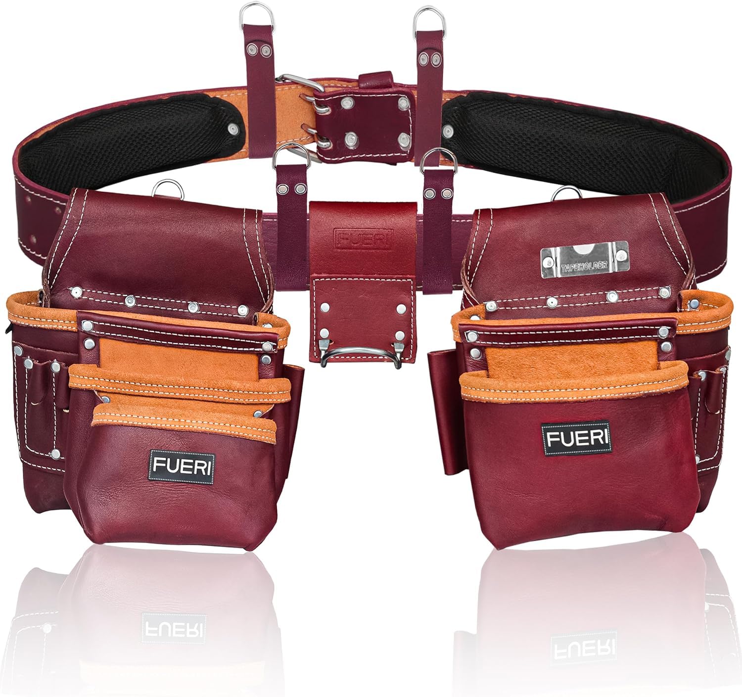 FUERI Leather Tool Belt 17 Pocket Pouches Bags Men Suspenders Holder Organizer for Carpenter Construction Electrician - Maroon