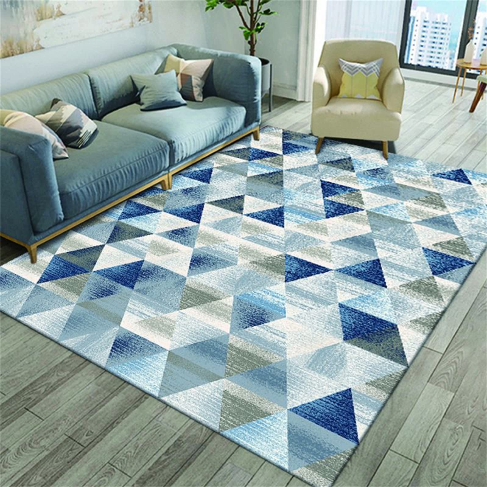 Tapis de salon lavable en machine sans déformation 90x150 géométrique bleu
