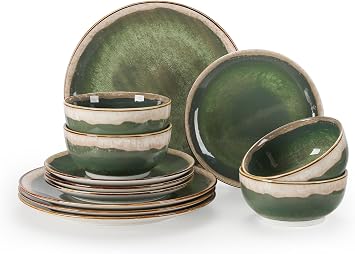 Sweejar Home 12 Pieces Ceramic Dinnerware Sets for 4, Gradient Glaze Plates and Bowls Set, Microwave & Dishwasher Safe, Stackable Dish Set, Scratch Resistant Dishware Sets,Green