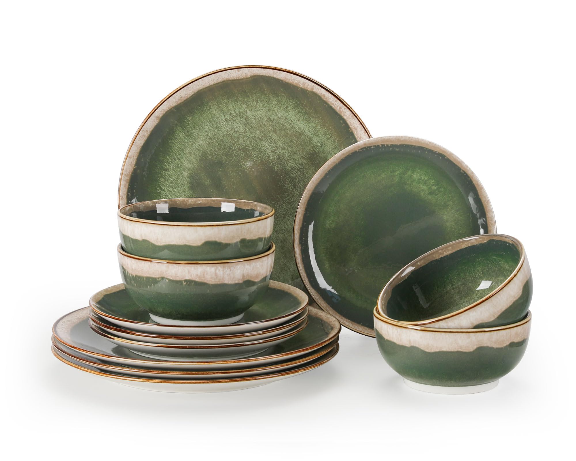 Sweejar Home 12 Pieces Ceramic Dinnerware Sets for 4, Gradient Glaze Plates and Bowls Set, Microwave & Dishwasher Safe, Stackable Dish Set, Scratch Resistant Dishware Sets,Green