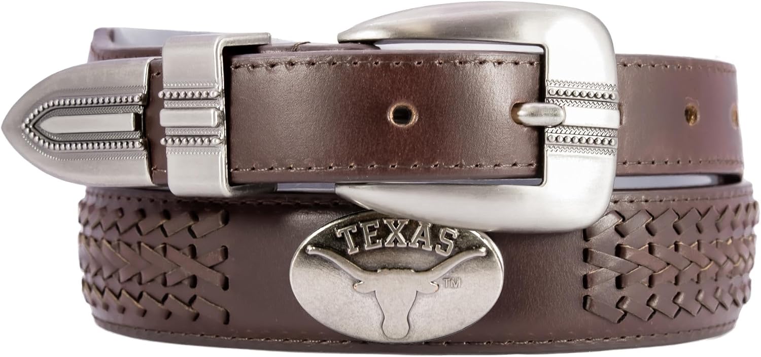ZEP-PRO NCAA Texas Longhorns Men's Braided Leather Belt – Full Grain Brown Strap With Emblem Conchos – 1.25" Wide Collegiate Accessory With Silver Tip, Size 38