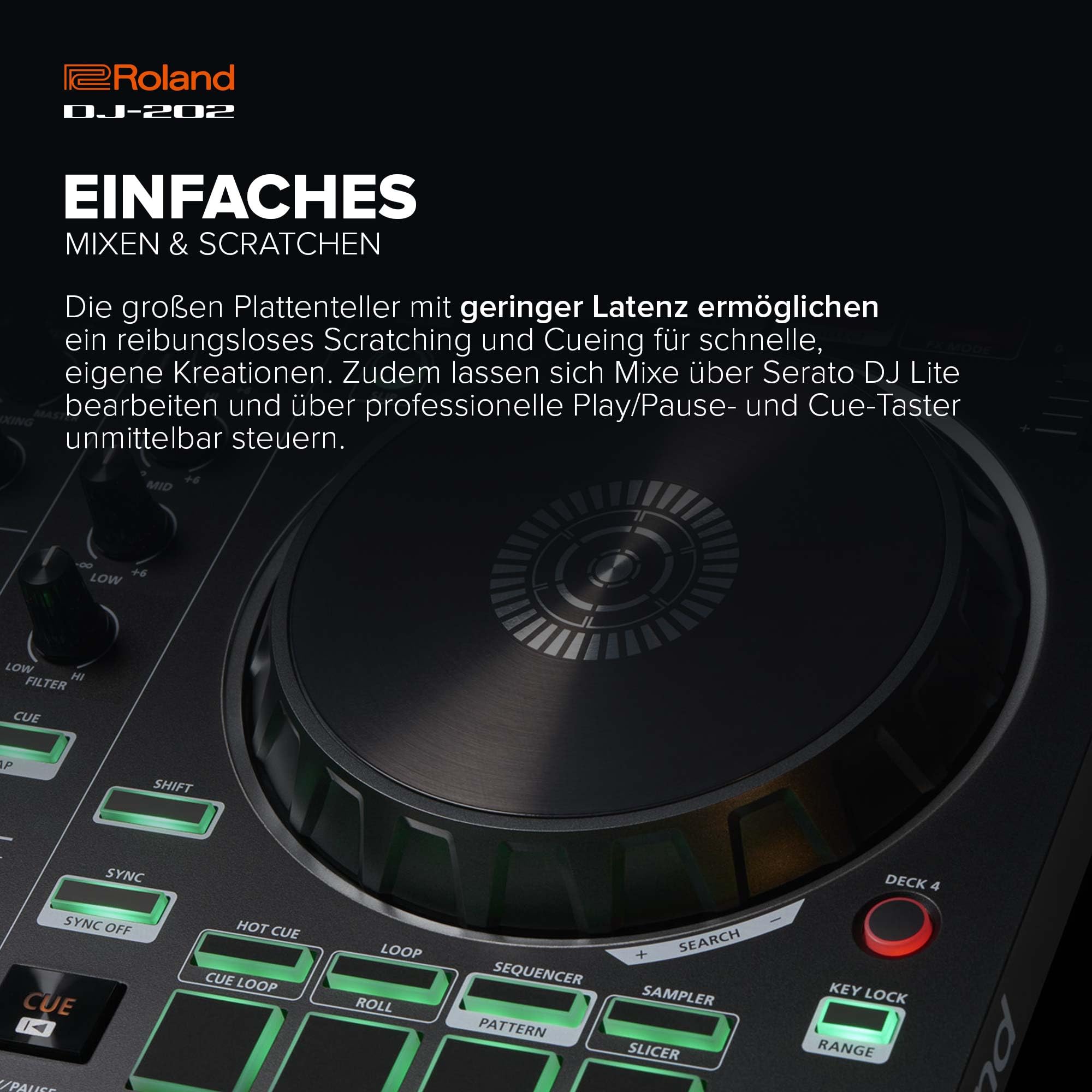 Roland DJ-202 Kompakter DJ-Controller | 2-Kanal-Controller mit 4 Decks für Serato DJ Lite | Große Plattenteller mit minimaler Latenz | Legendäre Roland Drumkit-Sounds | Moderne ACB-Technologie