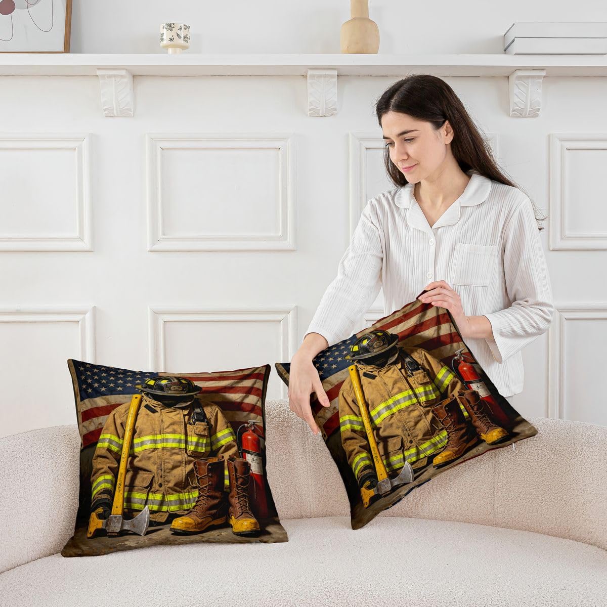 Feelyou Firefighter American Flag Throw Pillow Covers Set of 2 18"x18" image 3