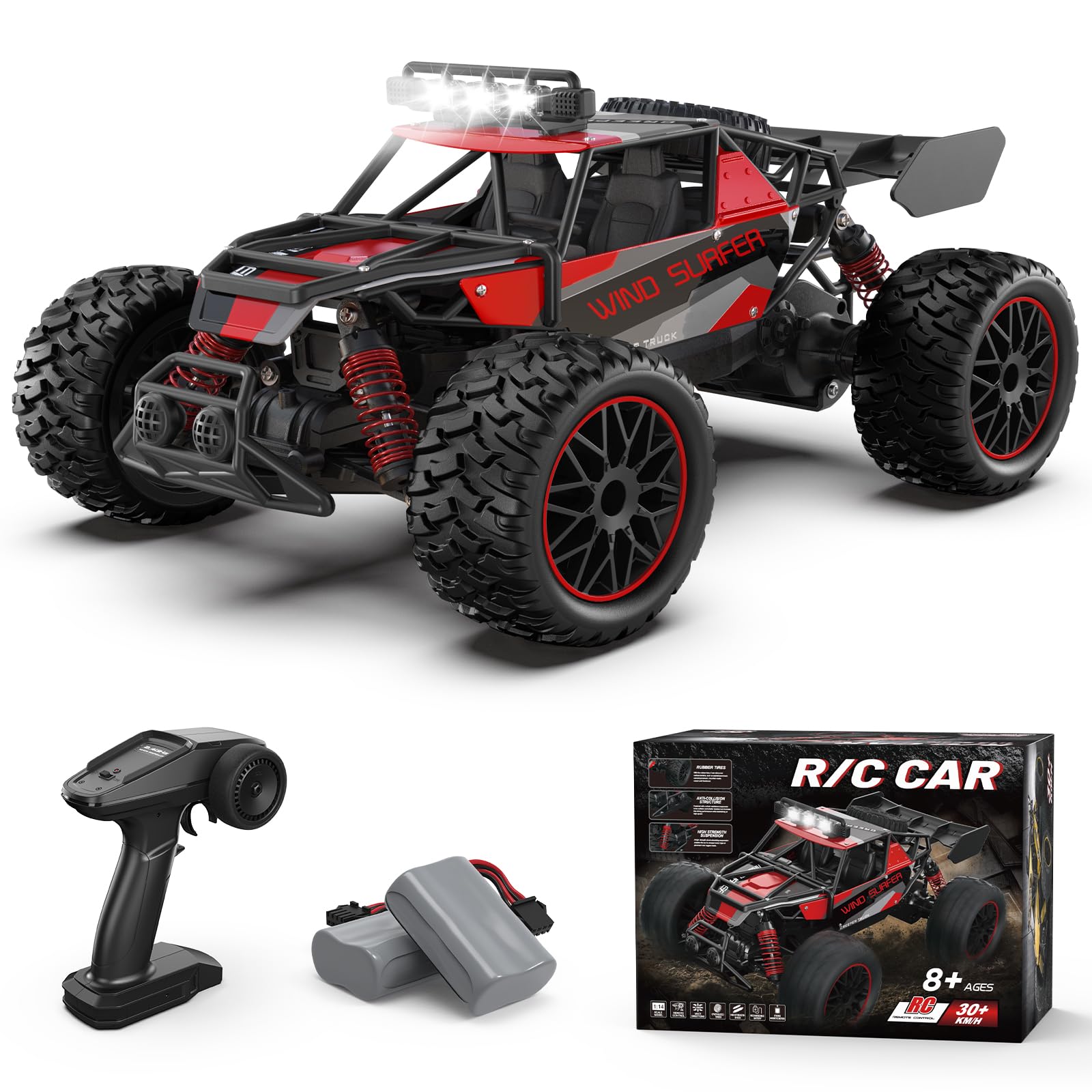 Scientoy 1:14 Remote Control Car, 30+KM/H High Speed All Terrain RC Cars for Boys Age 8-12, 2.4 GHz Off-Road RC Truck, Ideal Gifts for Adults Kids with 2 Rechargeable Batteries