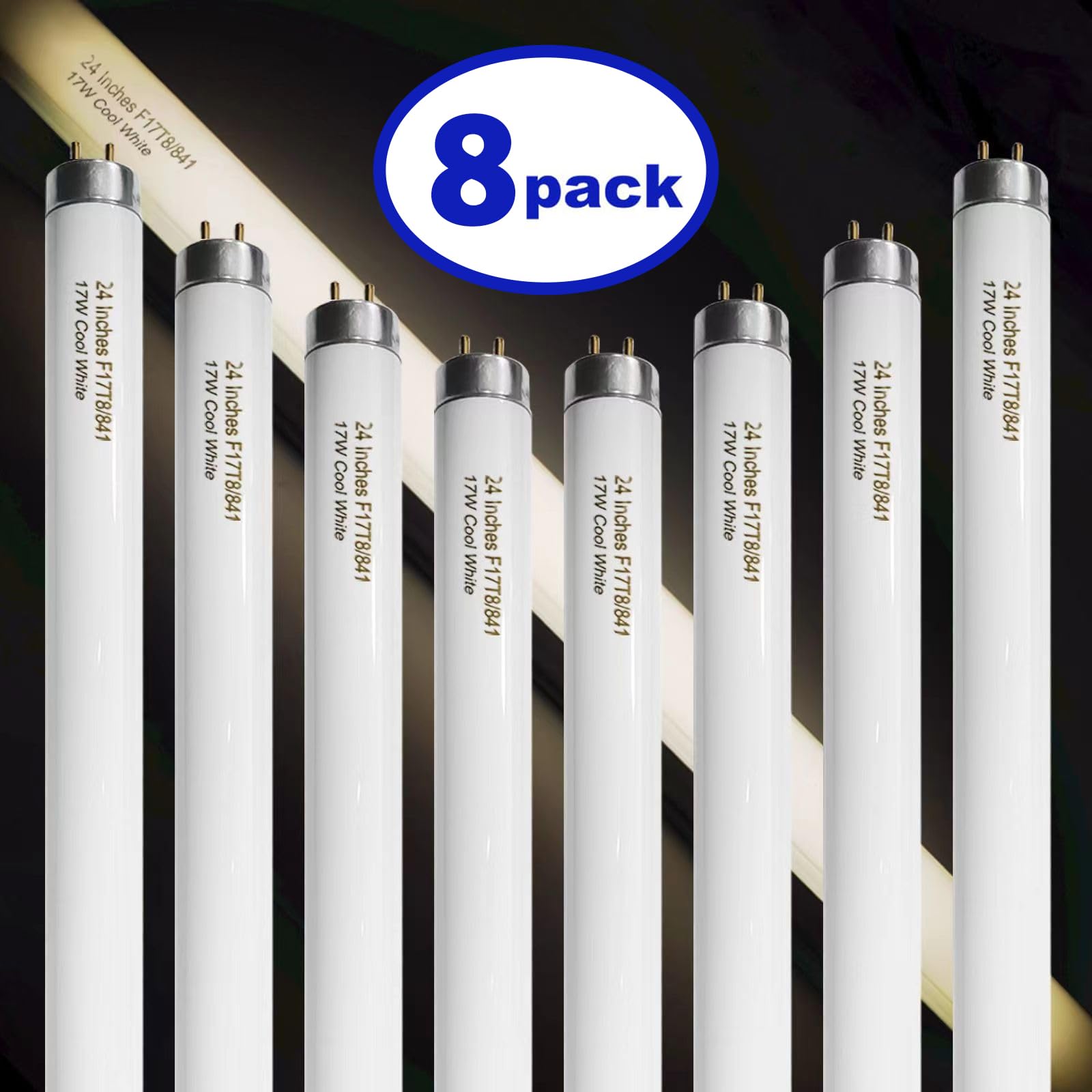 8 Pack 24 inch F17T8 17 Watts Light Bulb 2 Foot Straight Fluorescent Tube T8 Tube Light Cool White 1400 Lumen G13 Medium Bi-Pin Cap 8 Count