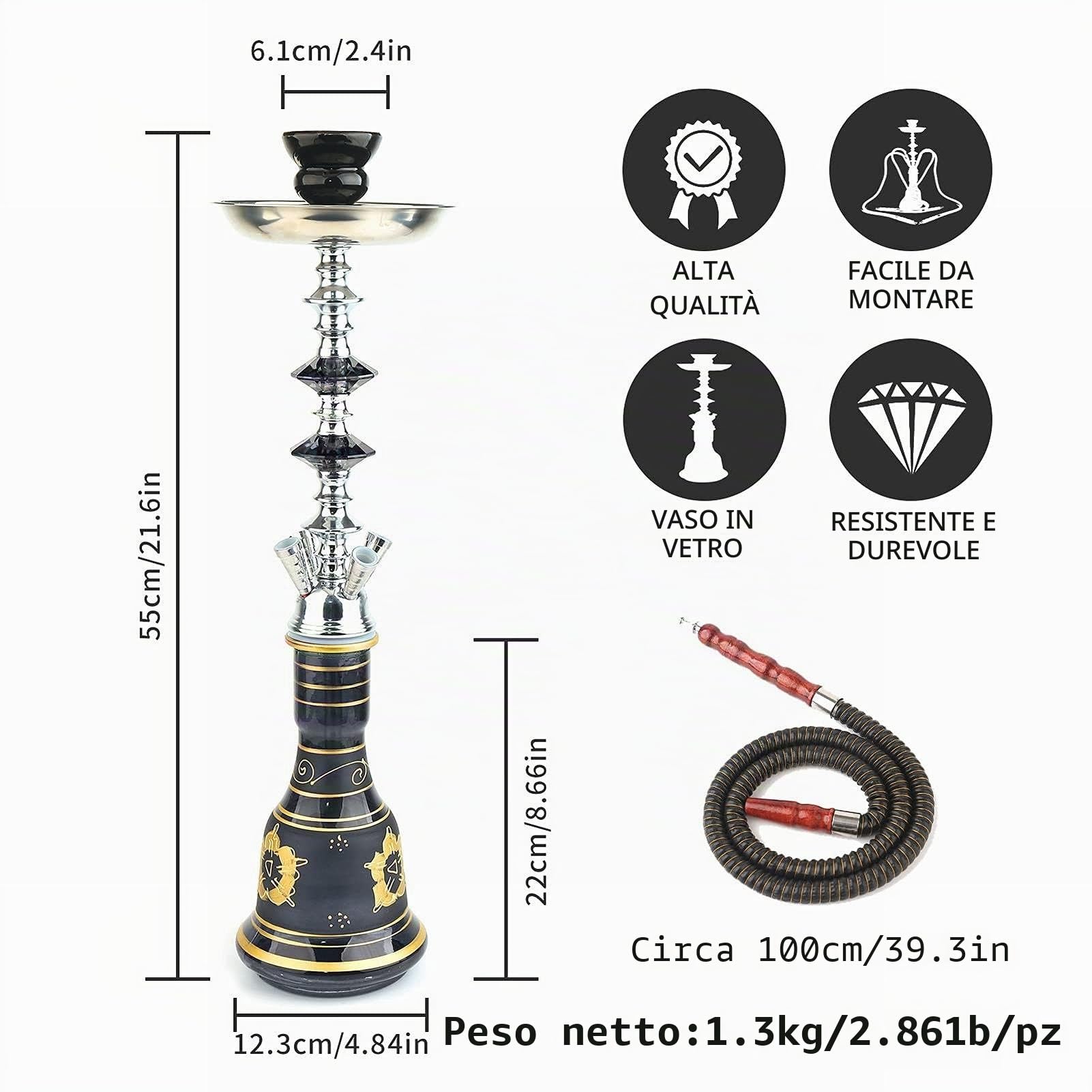 Set Narghilè 21,6" Con 4 Tubi Flessibili In Vetro - Kit Shisha Premium Facile Da Smontare E Pulire