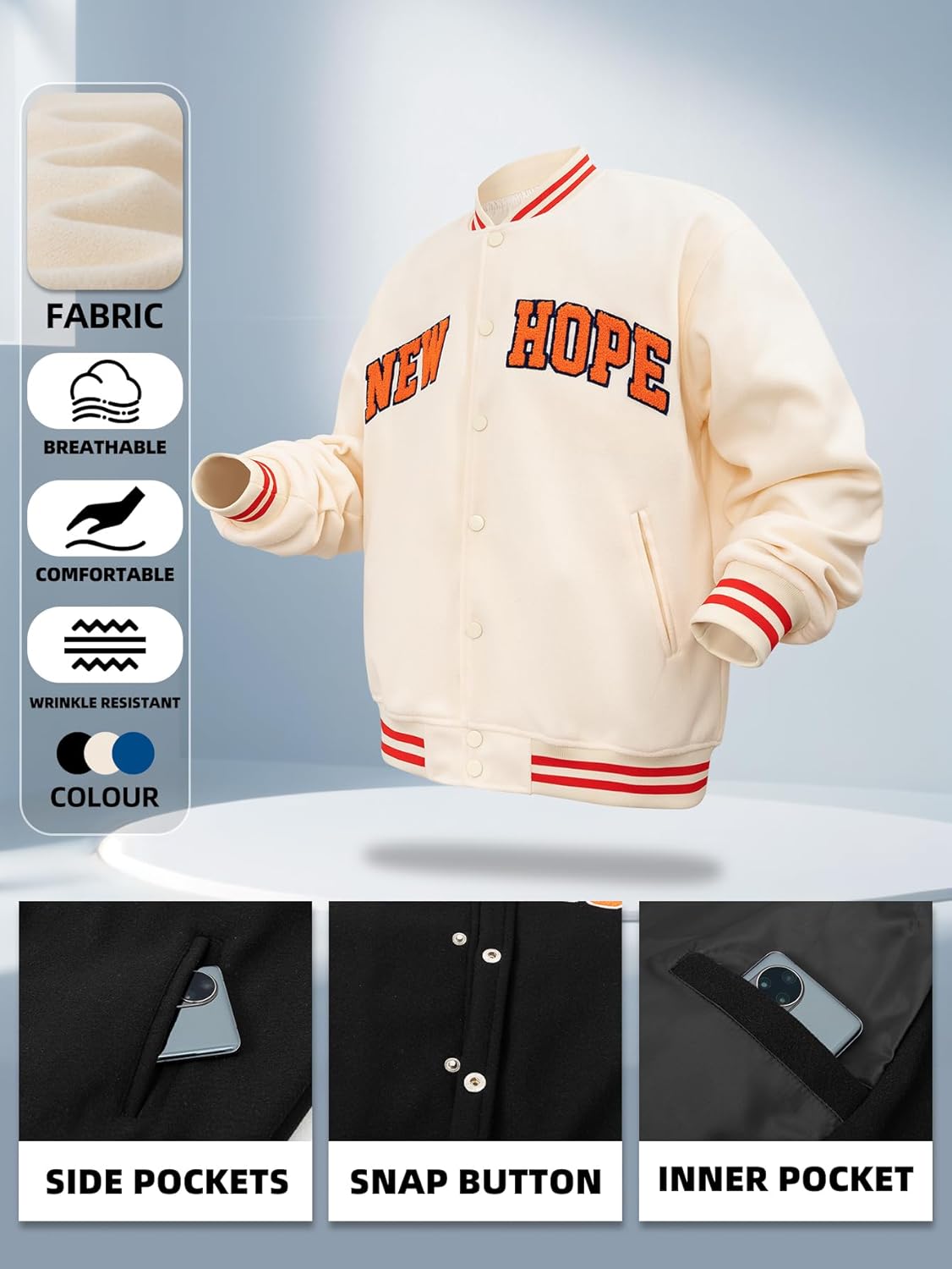 Men's Varsity Jacket Stand Collar Breathable&Anti-Pilling Fabric,Letterman Baseball Coat for Daily Wear Activities