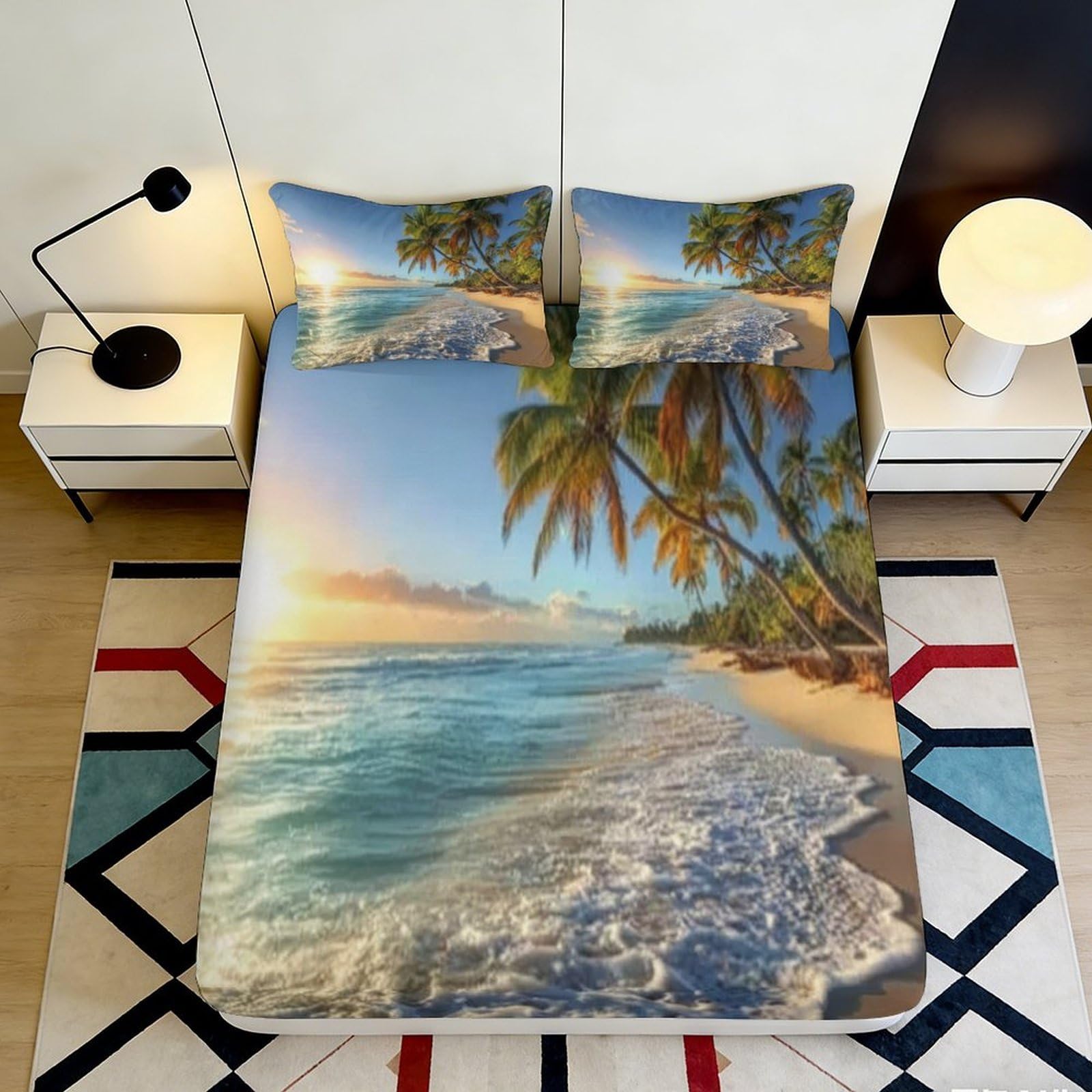 Pnayamiorkfel Style-8 3D Printed Beach Sunset Fitted Sheet Microfiber Soft Breathable Palm Tree Mattress Cover For Bedroom Guest Room Decor 90X200x25cm