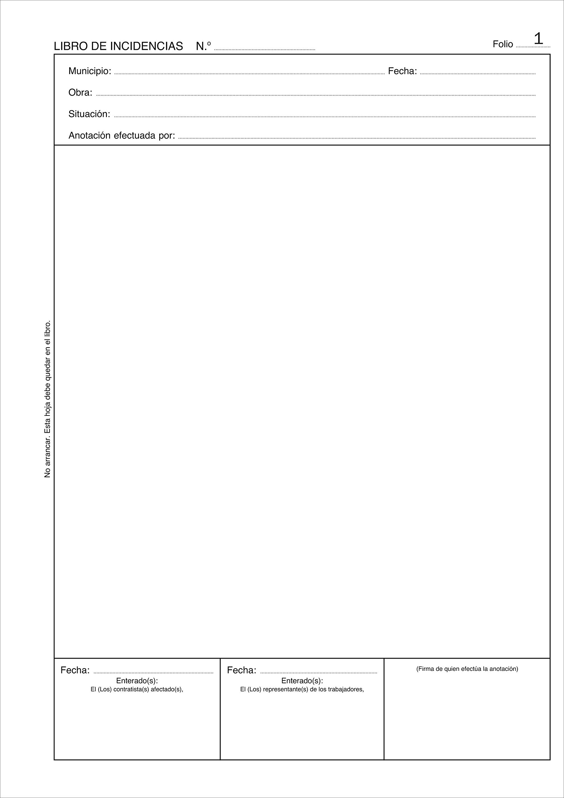 PAQ. 1 LIBRO DE INCIDENCIAS. Plan de Seguridad y Salud en el Trabajo. A4, 25 folios duplicados y numerados.