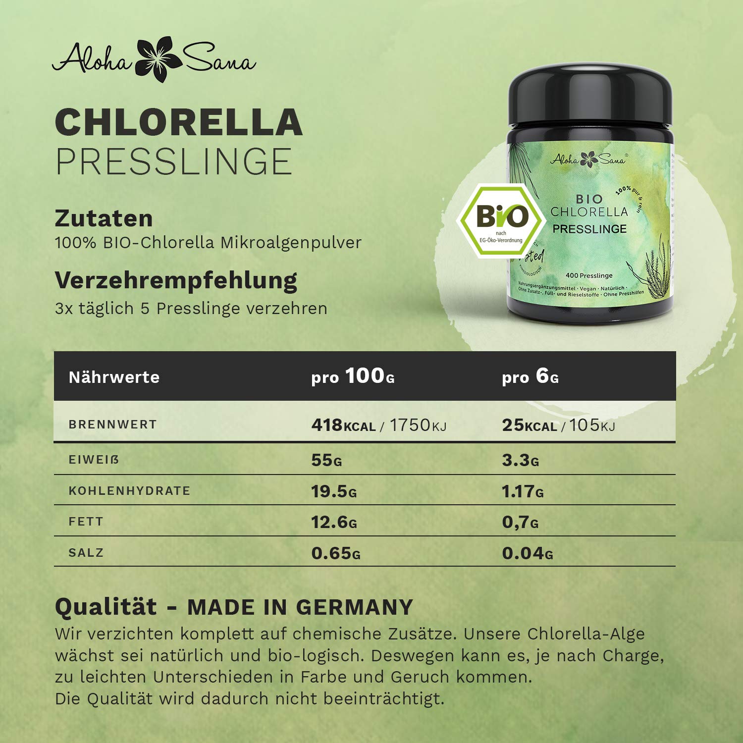 Aloha Sana | Chlorella BIO Presslinge im Ultraviolettglas | 400 Chlorella Tabletten á 400mg | Laborgeprüfte und energetisch getestete Bio Algen | Vegan und ohne Zusatzstoffe