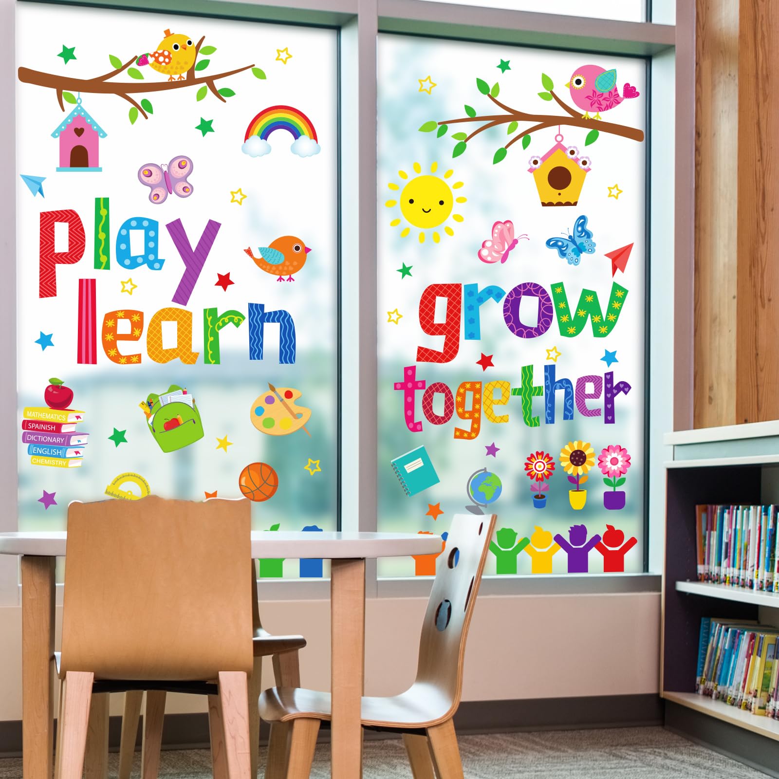 JarThenaAMCS Grow Together Window Clings Play Learn Window Stickers Colorful Motivational Double Sided Wall Glass Decals for First Day of School Party Home Classroom Decor, 6 Sheet