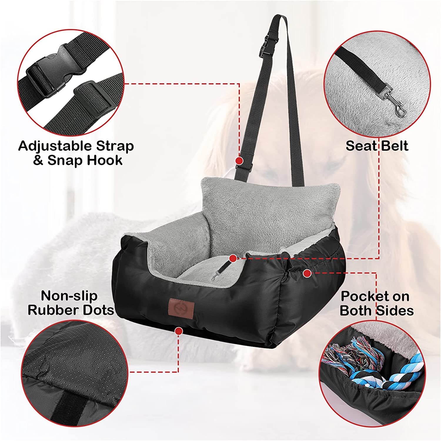 Close-up of the plush interior and side storage pocket on the GoFirst dog car seat.