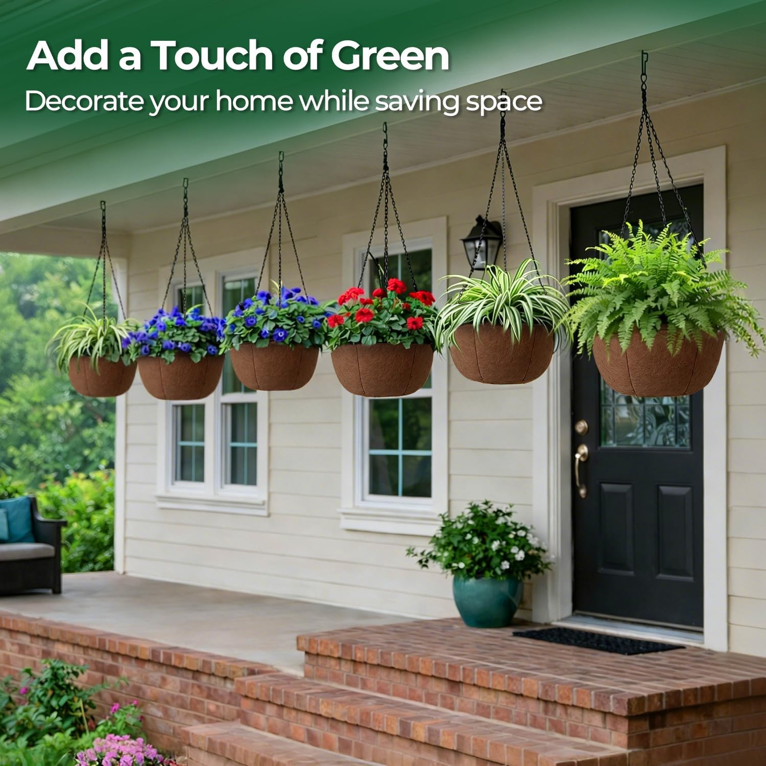 T4U Hanging Planters for Outdoor Plants, 10 Inch 6 Pack Fabric Hanging Baskets with Drainage Tray, Decorative Hanging Pots for Plants Outdoor Patio Porch Garden Use（Brown）