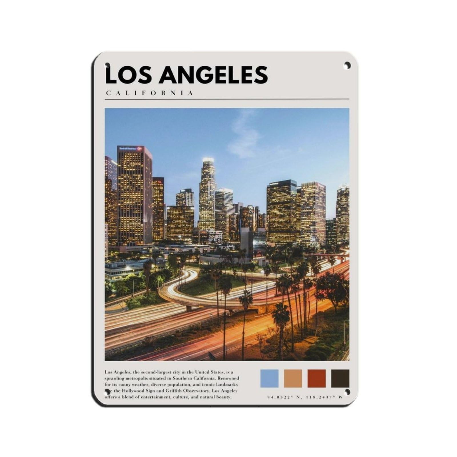 Downtown Los Angeles Poster Retro Poster Metal Tin Sign Chic Art Retro Iron Painting Bar People Cave Cafe Family Garage Poster Wall Decoration 12x16inch(30x40cm)