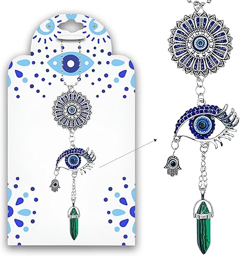 Miniatura 12 de LUCKBOOSTIUM Adorno plateado contra el mal de ojo con cadena de bolas con cristal azul, mano de Hamsa, piedra colgante – para buena suerte y Piedra