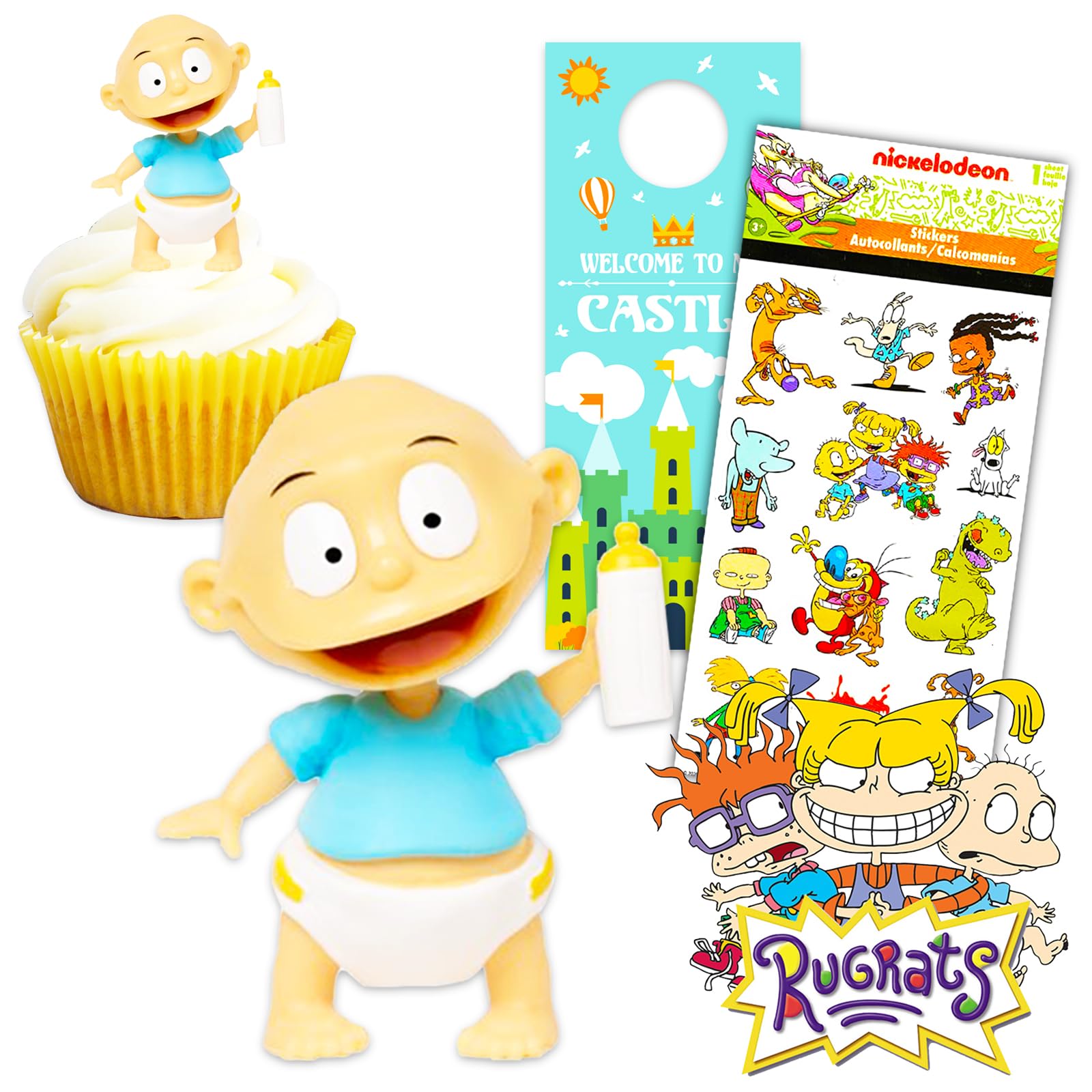 Retro Nickelodeon Rugrats Mini Figure Pack - Rugrats Toy Bundle with Rugrats Tommy Action Figure for Cake Toppers and More Plus Rugrats Stickers (Rugrats Party Supplies)