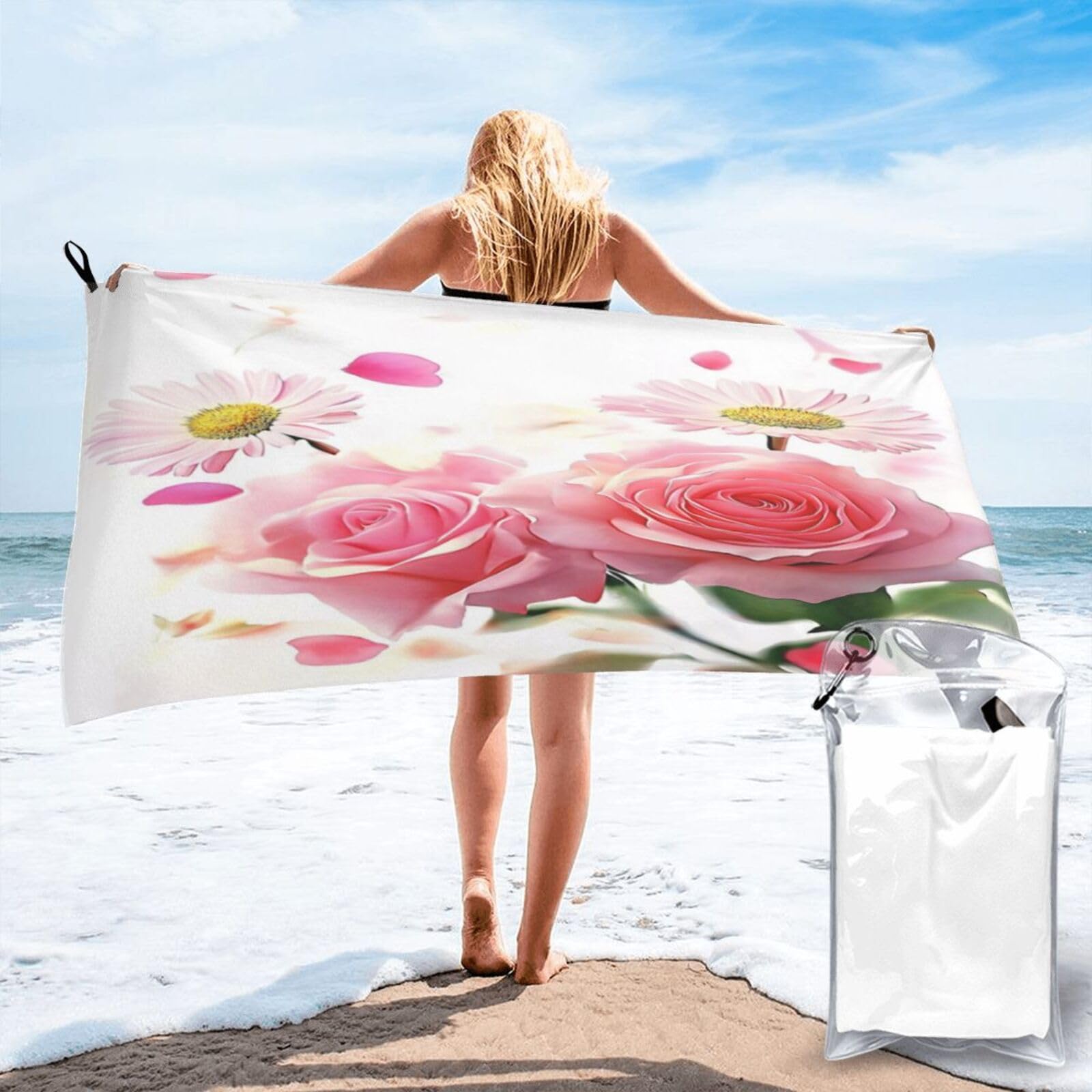 Anceky Photograph of Pink Roses and Daisies Quick Dry Microfiber Travel Towel with Carry Case and Carabiner 27.5"X55"