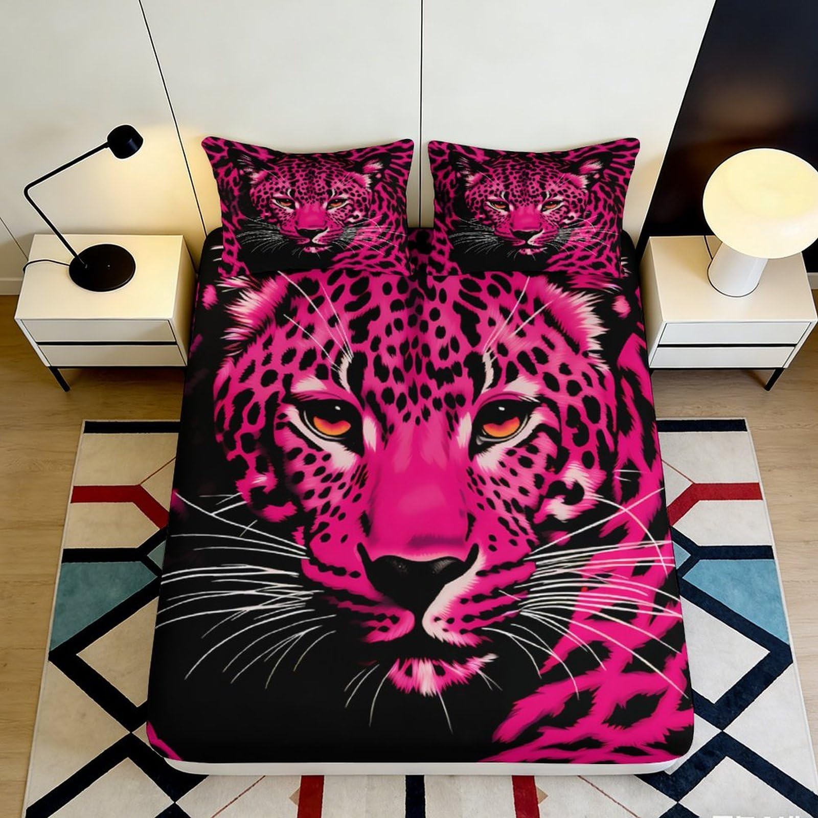 3D Printed pink leopard Fitted Sheet, Microfiber soft touch, stylish home decor, wrinkle resistant, apartment bedding, easy care, bedroom accent 120x200x25cm