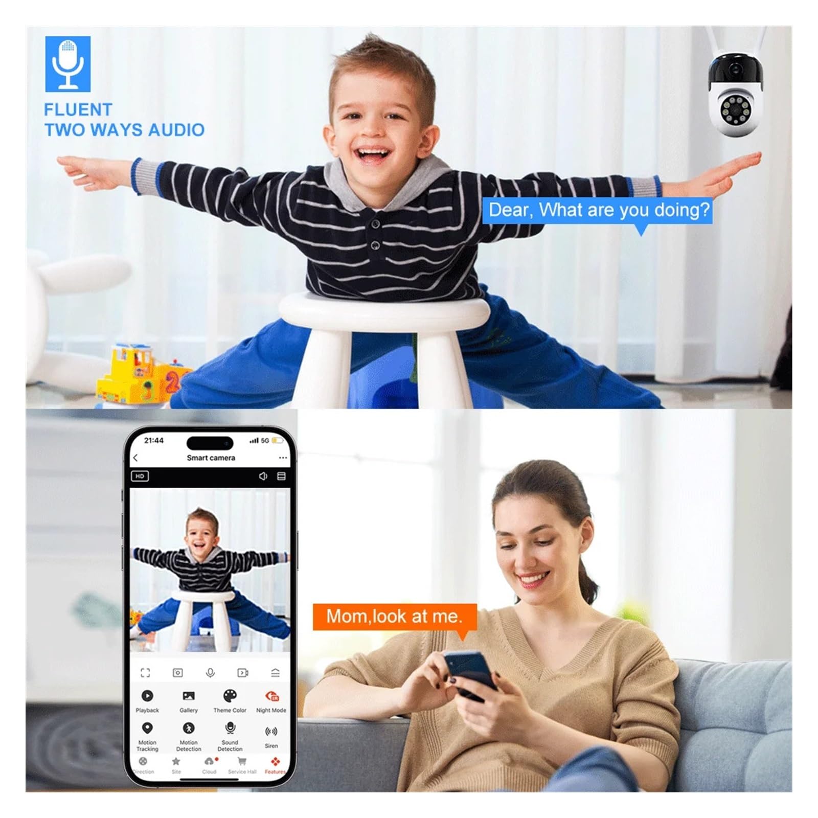 Telecamere di sicurezza, Telecamere di sicurezza WIFI HD da 4 MP Funzione visione notturna a colori Tracciamento automatico Rotazione a 360° Chiamata con un clic Audio bidirezionale(4MP Cam 128G Card)