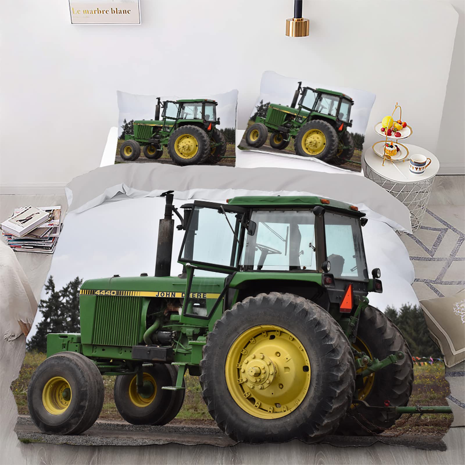 Parure de lit 160x200 tracteur gris avec housse de couette fermeture éclair enfant