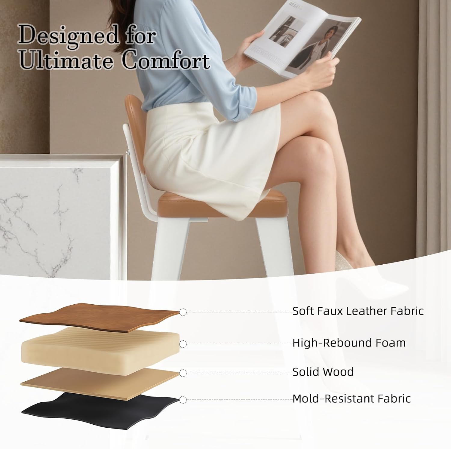 24 Inch Metal Bar stools Set of 2, Upholstered Counter Height Bar Stools with Removable Back & Metal Legs, Industrial Barstools for Kitchen Island, Cafe (Brown Seat, White Legs)