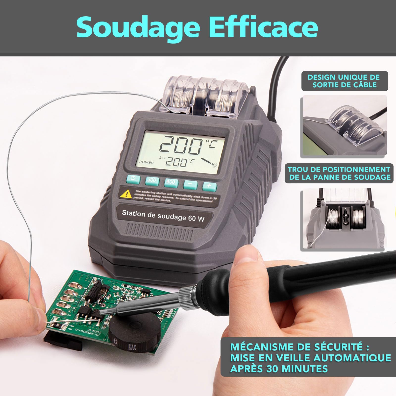 Station de Soudage 60W avec Affichage LCD, Température Réglable 200–480℃, 5 Embouts Supplémentaires, Aide-Mains, 2×5g Fil à Souder, Support, Auto Sleep et Refroidissement