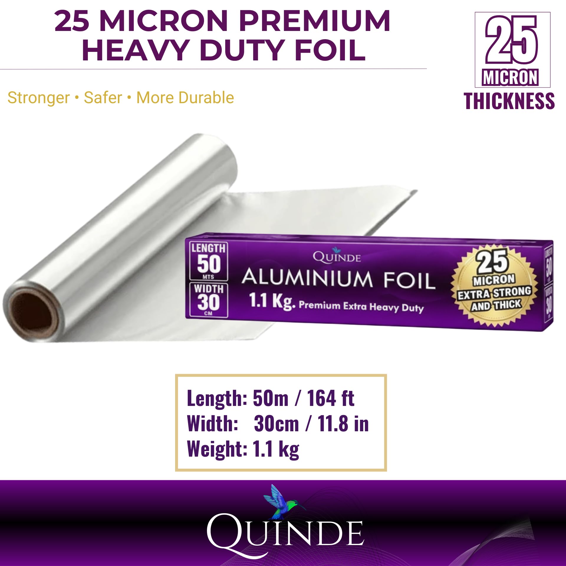 Feuille d'aluminium robuste pour la cuisine, la pâtisserie et la restauration - 50 m x 30 cm de large - 1,1 kg - 25 microns Quinde