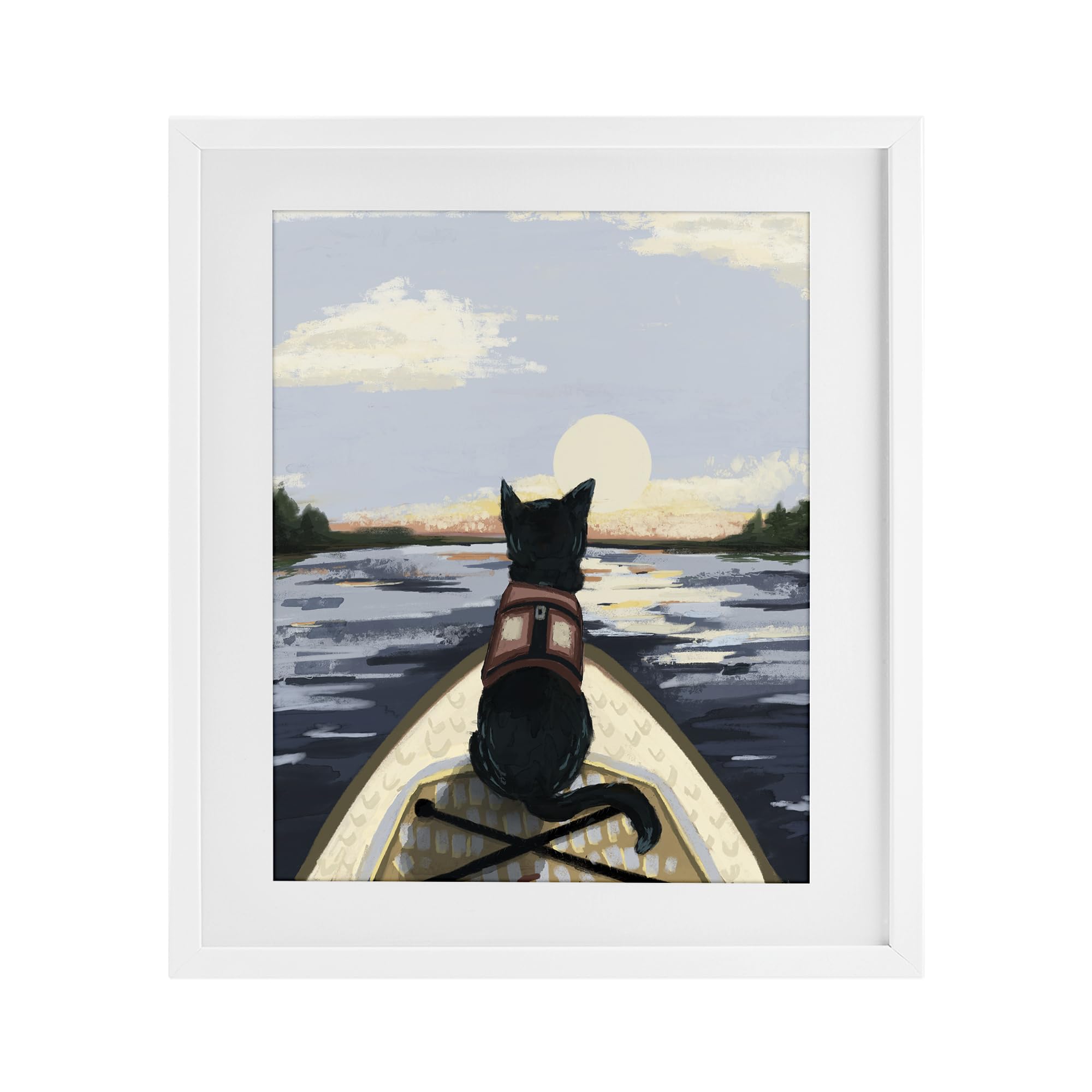 Stupell Industries Coastal White (Textured) 'Peaceful Cat Viewing Lake'| Framed Print Under Glass