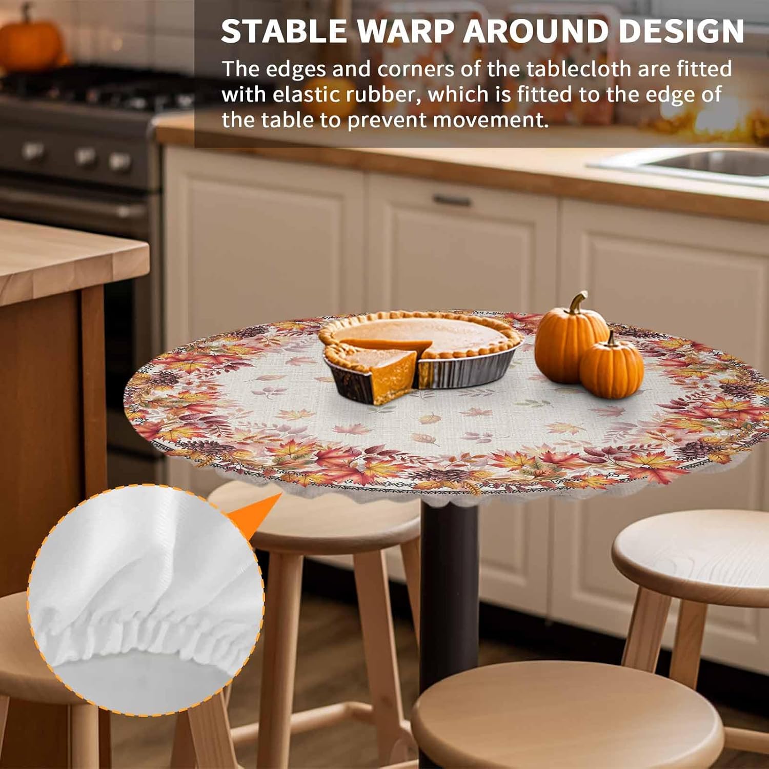 Elastic Edged Waterproof Tablecloth Fall Fit Round Tablecloths Maple Leaves Wipeable Picnic Table Cover for Thanksgiving Dinner Holiday Autumn Patio Fitted Table Cover up to 36"- 44" Round Tables