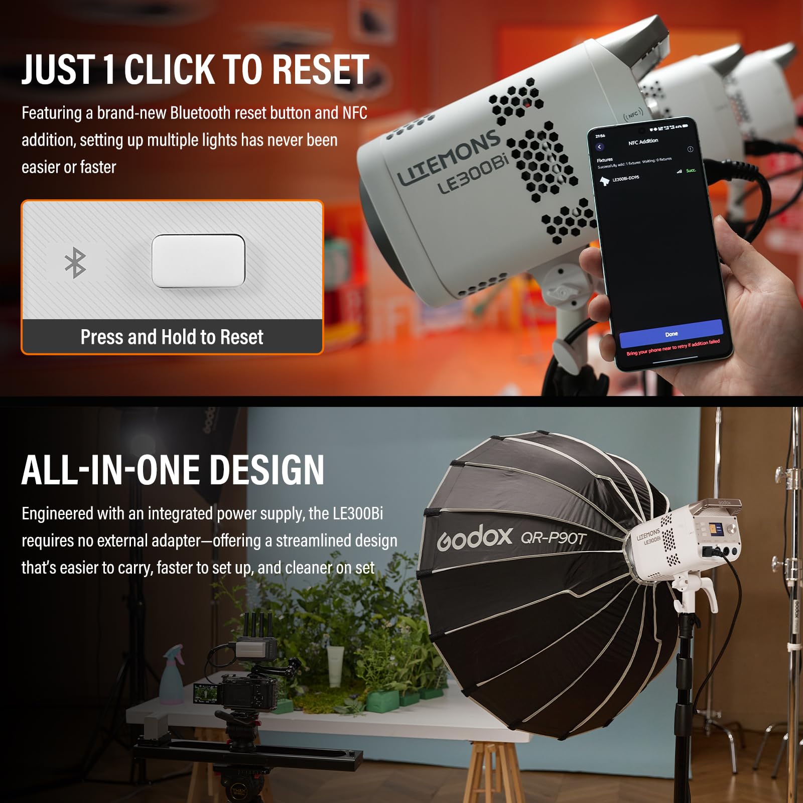 GODOX Zestaw oświetleniowy LE300Bi, Godox Litemons LE300Bi lampa wideo ze stojakiem Softbox, uchwytem Bowens, sterowanie aplikacją DMX/Bluetooth, połączenie NFC, 2800K ~ 6500K, 58900Lux@1m, CRI/TLCI98