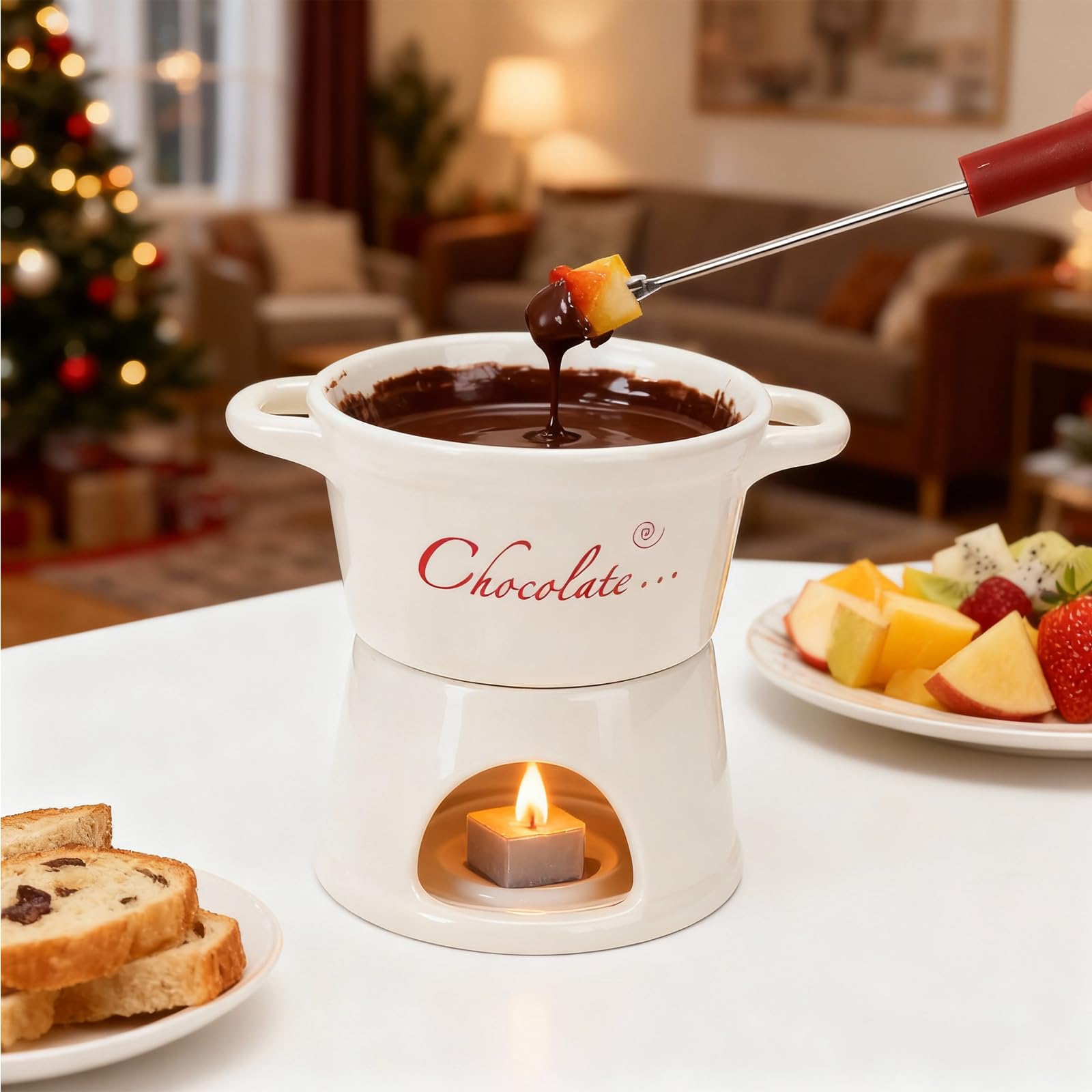 Juego de Fondue de Chocolate de cerámica con Tenedor - Mini Olla de Porcelana de 300 ml para Fondue de Chocolate Queso y Mantequilla, Ideal para el Invierno San Valentín el hogar y la Cocina