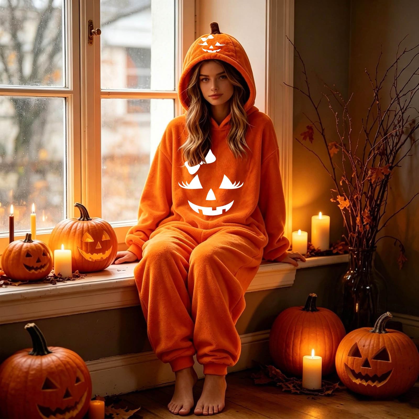 Pigiama Halloween Adulto Tuta Zucca con Cappuccio e Tasche Laterali Tasche Laterali Comode, Pigiama Halloween Adulto, Tuta Zucca Calda per Casa e Occasioni Speciali