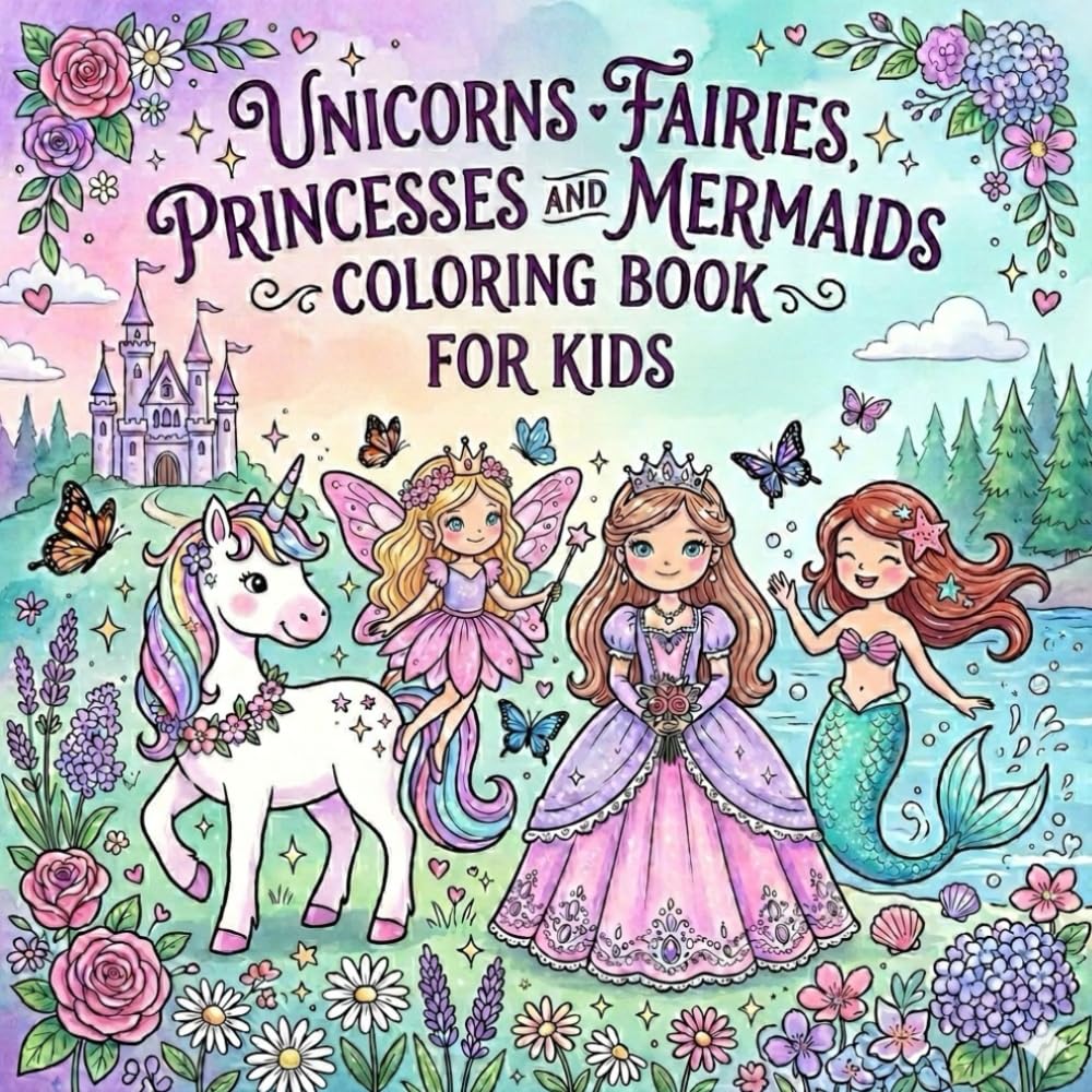 Unicorns Fairies Princess and Mermaids Coloring Book for Kids: Ages 4-10