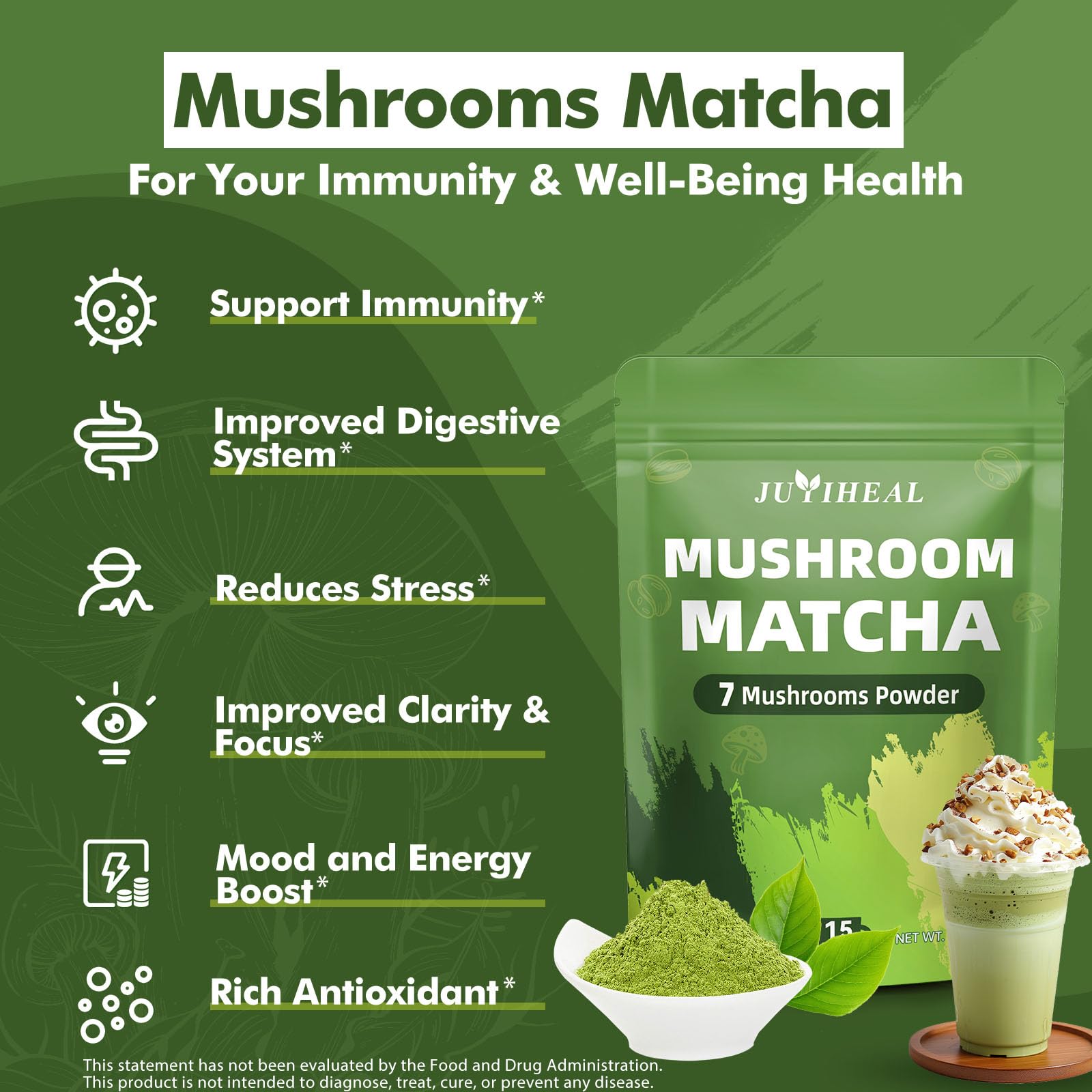 JUYIHEAL Mushroom Matcha Japanese Ceremonial Matcha Infused with 7 Superfood Mushrooms MCT Oil Coconut Milk Powder Energy Focus — view 4