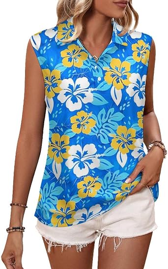 KIDVOVOU Hawaiian Golf Shirts for Women Floral Print Summer Moisture Wicking Sleeveless Collared Polo Tennis Tops