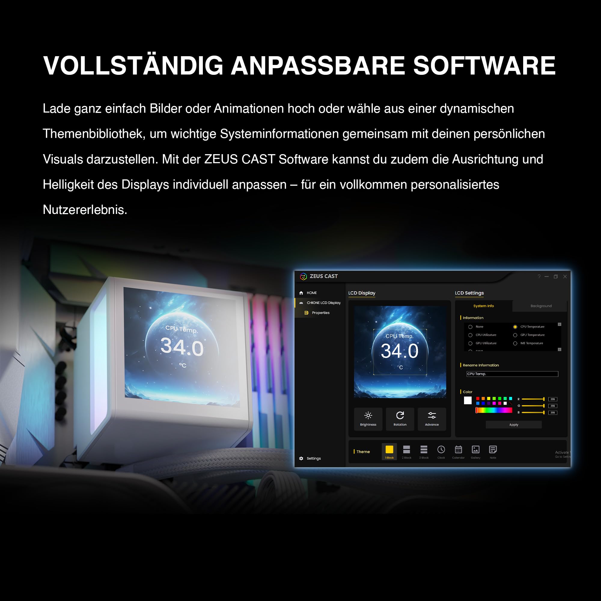 GAMDIAS CHIONE P5 360-mm-AIO-CPU-Wasserkühler, Drehbares Magnetisches 3,4-Zoll-IPS-LCD-Display, Anpassbare Software, Verstecktes Kabeldesign, ARGB-PWM-Lüfter, MB Sync, Intel LGA 1851, AMD AM5, Weiß