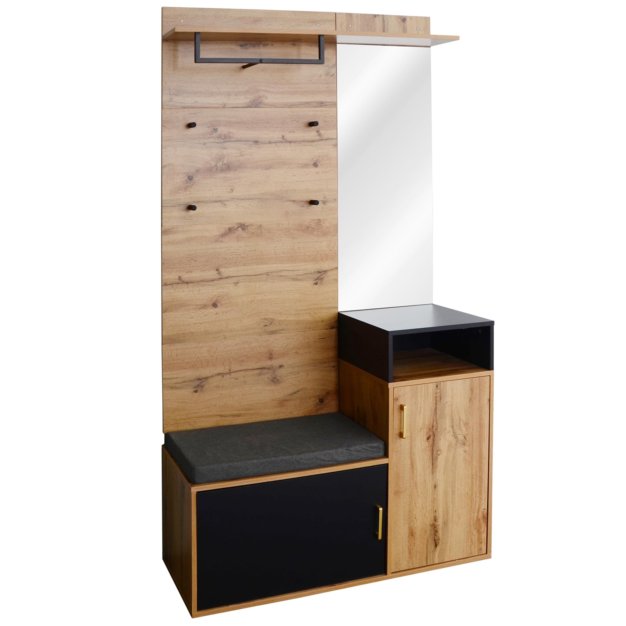 Ymkua Garderobenset Wandgarderobe, Flurgarderobe Set mit Schuhbank, Spiegel und Kissen, Garderoben Set mit 4 Kleiderhaken und Türen, Kompaktgarderobe, Wandgarderobe, 105 Lx40Bx191.5H cm