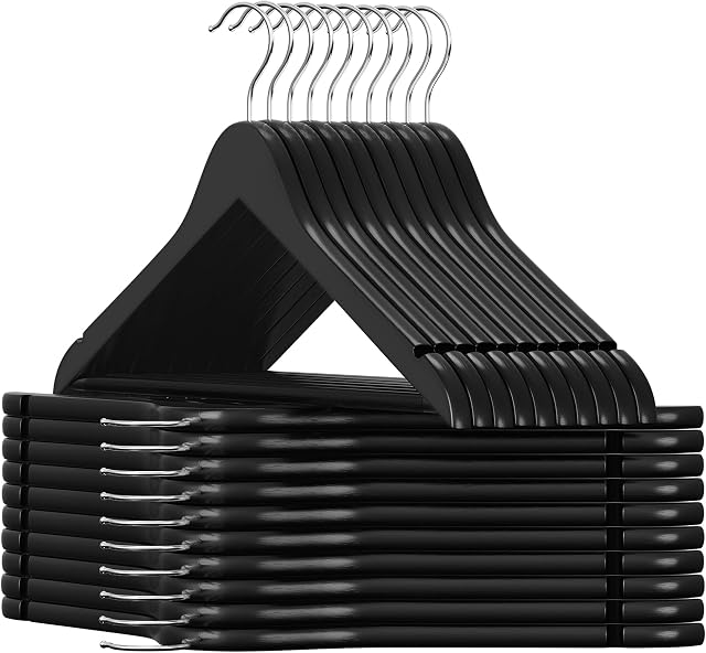 SONGMICS Wooden Hangers, Set of 20, Coat Hangers, Clothes Hangers, with Shoulder Notches, Anti-Slip Trousers Bar, 360° Swivel Hook, for Suits, Shirts, Coats, Black and Silver CRW02B-20