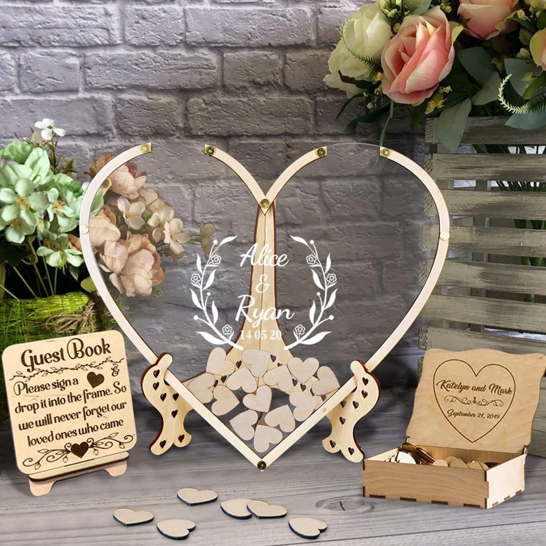 sadness n Personalised Wedding Guest Book Alternative| Custom Name Date & Guest Book Border Color Wooden Oval Rustic Sign In Guest Book Wedding |30-100 Heart-Shaped Wood Chips (Style 2 -Oval)