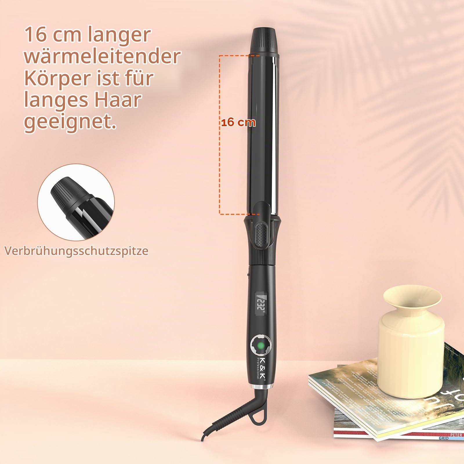 K&K Signature K&K 32mm Lockenstab mit Keramikbeschichtung Lockenzange Nano-Titan Haarlockenstab Eisen MCH-Heizung 60 Minuten automatische Abschaltung 50-230°C Digitale Anzeige 360° Drehkabel (32mm)