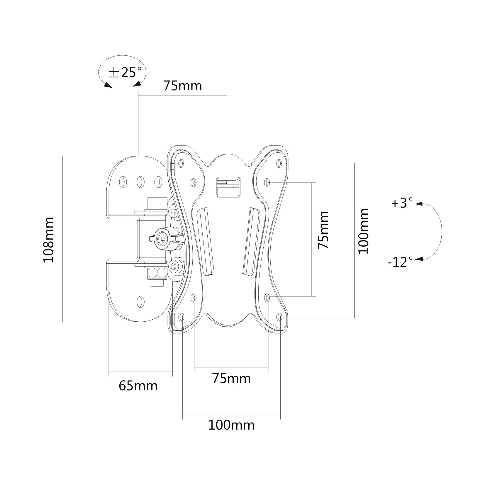 PureMounts® UchwytTV, Vesa 100x100, odległość od ściany: 7,5 cm, nośność 25 kg, wychylny 3°/-12°, obrotowy 25°/-25°, czarny