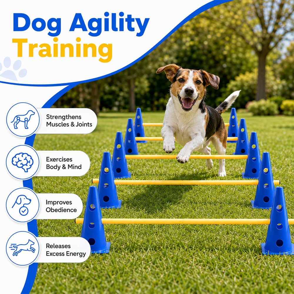Steckhürdenset, Agility Set Hunde mit 8 Kegel(23cm) + 4 Stangen(1 m), Cavaletti Hund für Koordinationstraining, Pylonen Hundetraining, Einstellbare Trainingshürden für Hunde Teamsport Fussball